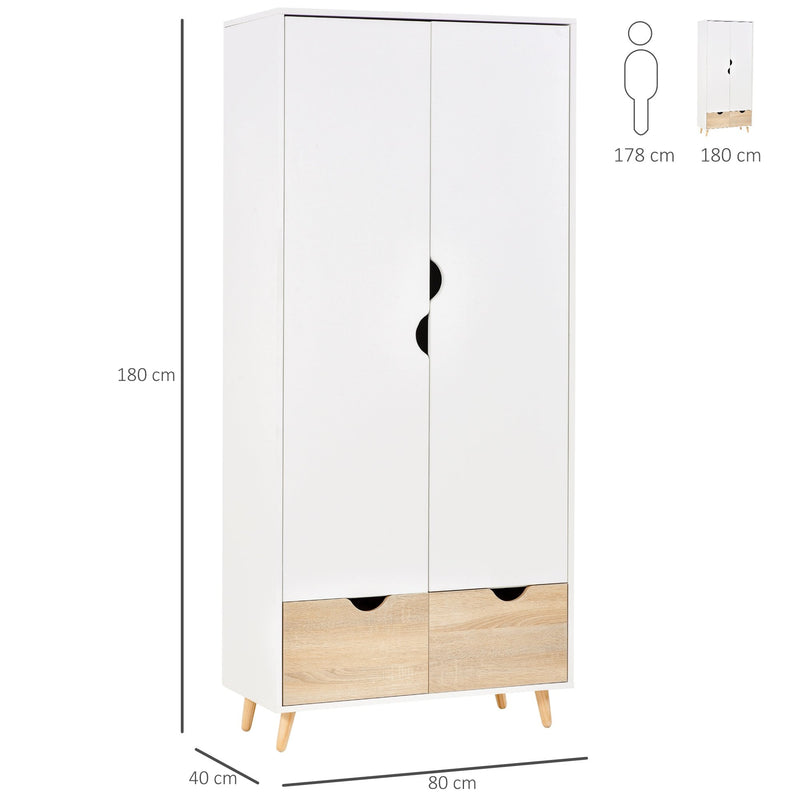 HOMCOM 2-Door Clothes Wardrobe w/ Rail Shelf 2 Drawers  White