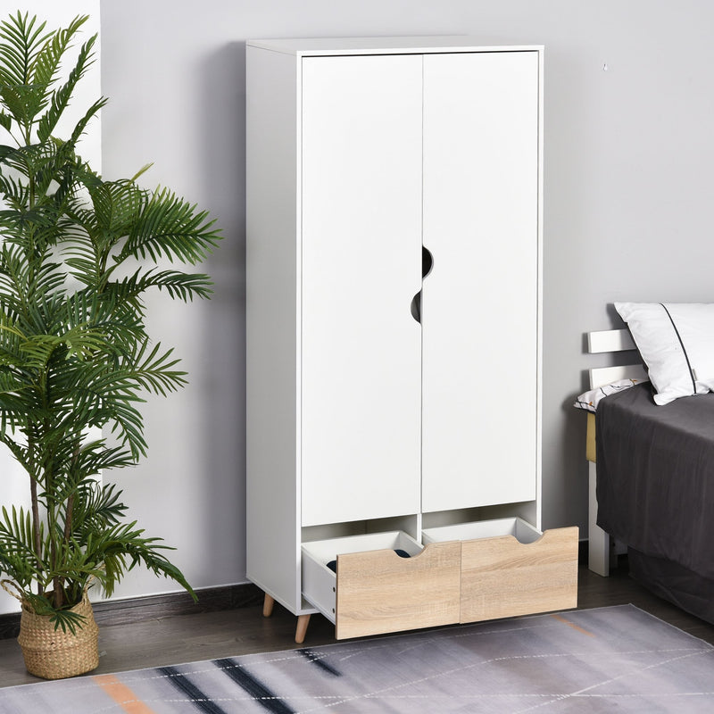 HOMCOM 2-Door Clothes Wardrobe w/ Rail Shelf 2 Drawers  White