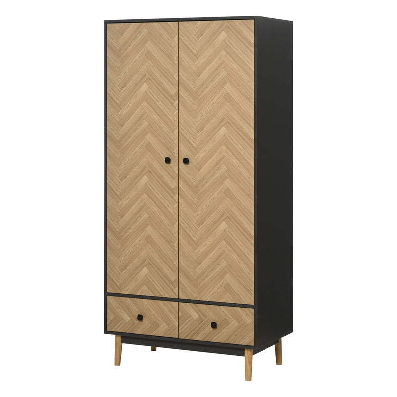 Modern Wardrobe Cabinet Wood Grain Sticker Surface with Shelf, Hanging Rod and 2 Drawers 90x50x190cm-Grey/Oak