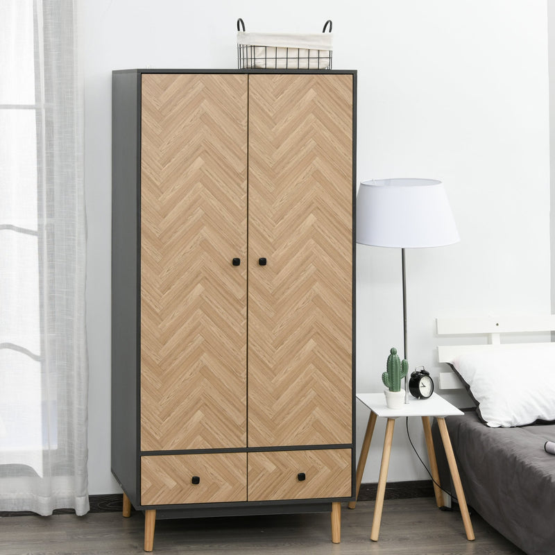 Modern Wardrobe Cabinet Wood Grain Sticker Surface with Shelf, Hanging Rod and 2 Drawers 90x50x190cm-Grey/Oak