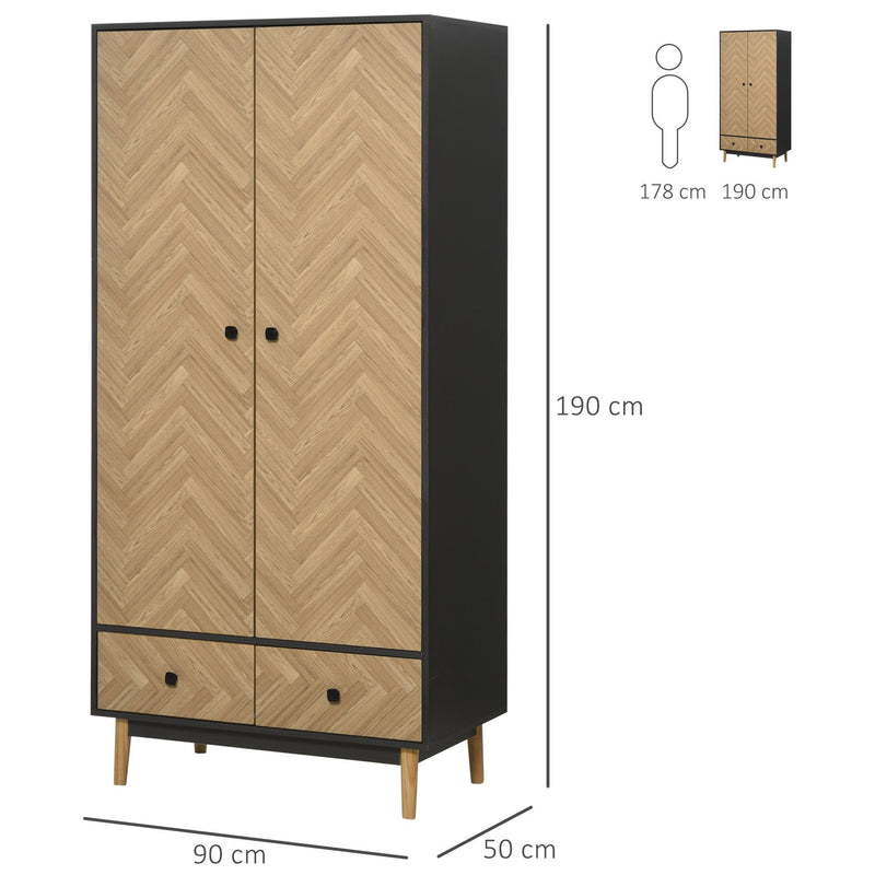 Modern Wardrobe Cabinet Wood Grain Sticker Surface with Shelf, Hanging Rod and 2 Drawers 90x50x190cm-Grey/Oak