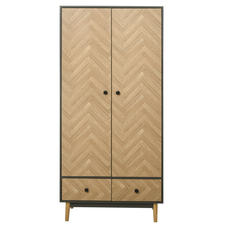 Modern Wardrobe Cabinet Wood Grain Sticker Surface with Shelf, Hanging Rod and 2 Drawers 90x50x190cm-Grey/Oak