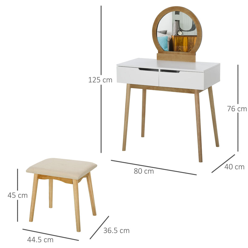 2 Piece Modern Vanity Table Set, Makeup Table with Padded Stool, 2 Large Drawers, Round Mirror, Natural Make Up Mirror &