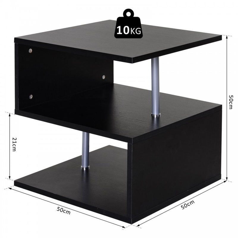 50Lx50Wx50H cm Wooden Side S Shape Cube Coffee Console Table 2-Tier Storage Shelves Organizer Stand Display-Black