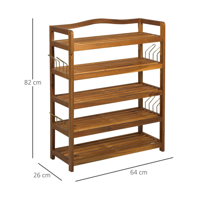 5-Tier Shoe Rack, Acacia Wooden Shoe Storage Organiser with Hangers, Holds up to 24 Pairs, for Entryway, Living Room, 64 x 26 x 82 cm, Teak Shelf Bedroom