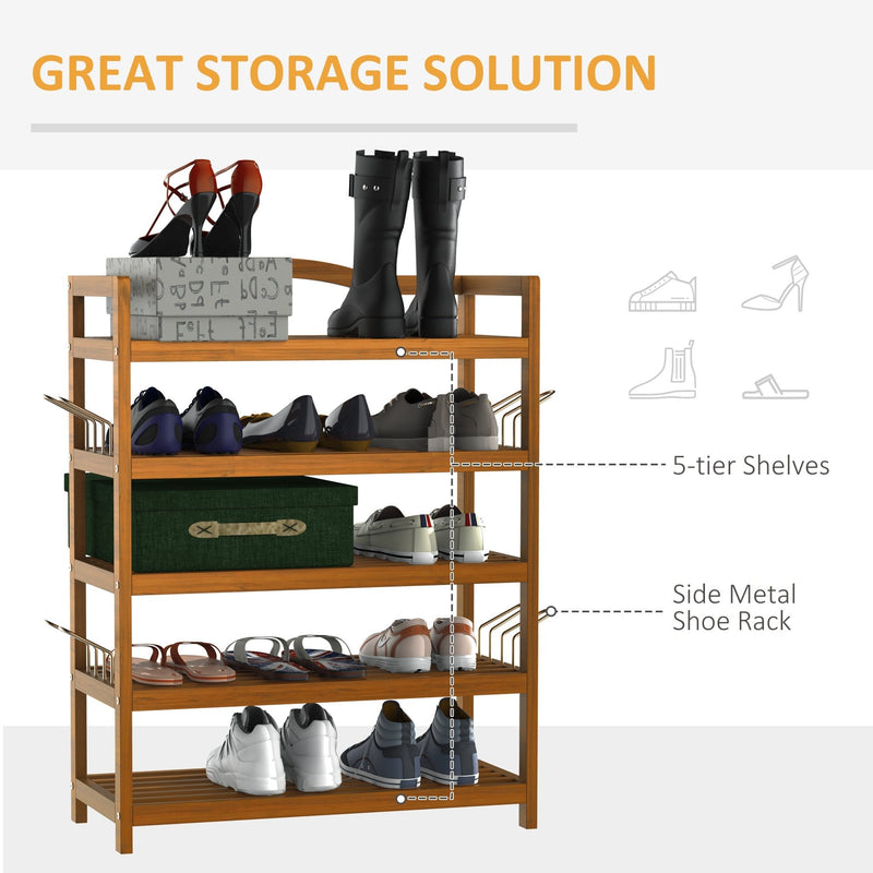 5-Tier Shoe Rack, Acacia Wooden Shoe Storage Organiser with Hangers, Holds up to 24 Pairs, for Entryway, Living Room, 64 x 26 x 82 cm, Teak Shelf Bedroom