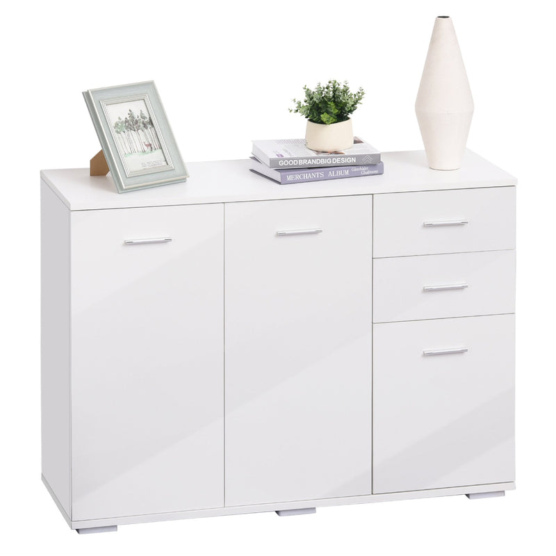 High-Gloss Sideboard Finish Storage Cabinet Home Organisation Aluminium Handles with 2-Drawers White