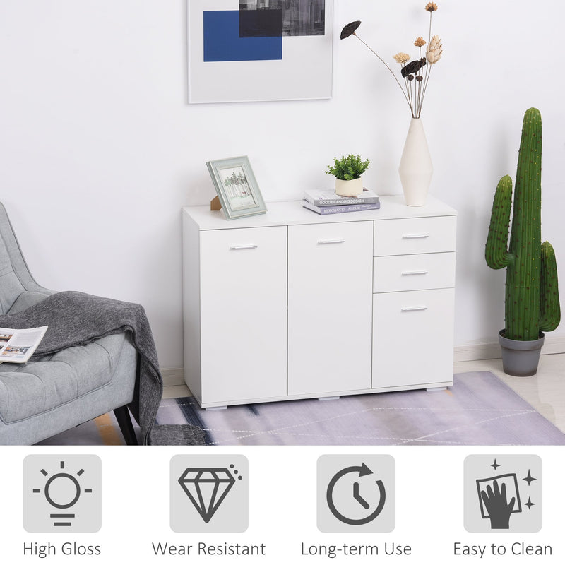 High-Gloss Sideboard Finish Storage Cabinet Home Organisation Aluminium Handles with 2-Drawers White