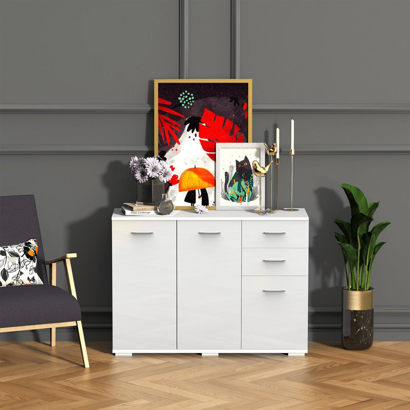 High-Gloss Sideboard Finish Storage Cabinet Home Organisation Aluminium Handles with 2-Drawers White