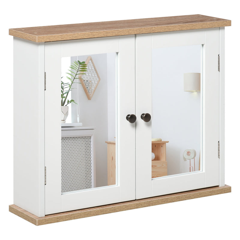 kleankin Bathroom Mirror Cabinet Wall Mounted Storage Cupboard with Double Door and Adjustable Shelf, White W/