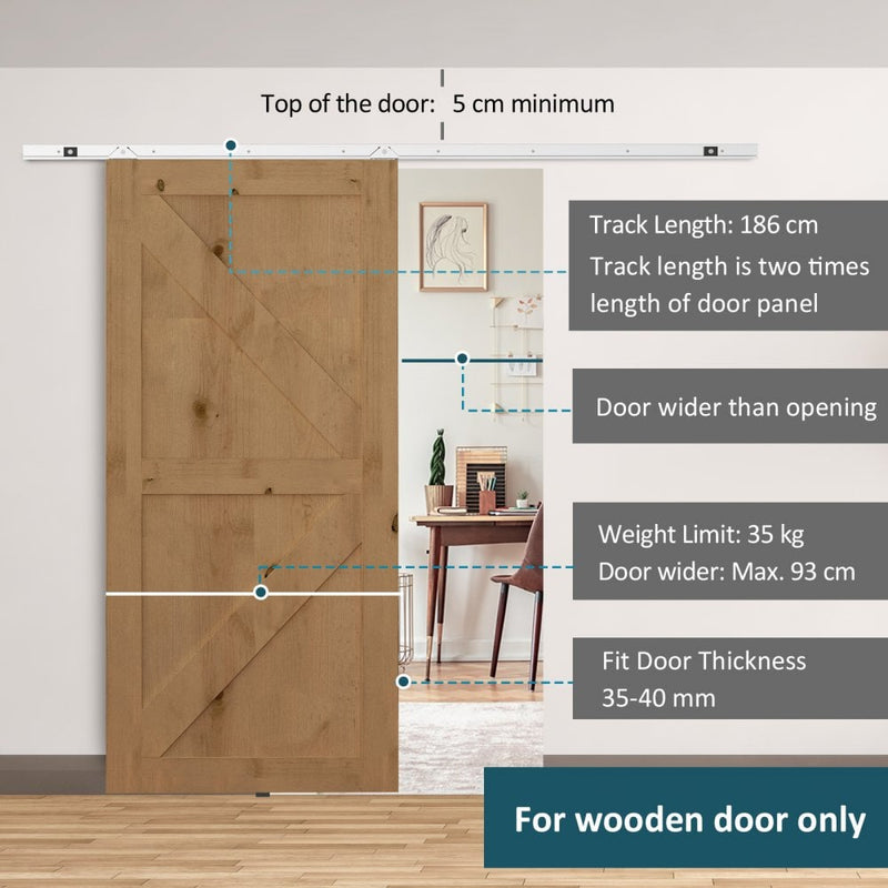 6FT 1860mm Sliding Barn Door Kit Modern Closet Hardware Track System Unit for Single Wooden by Wood Roller Style Set