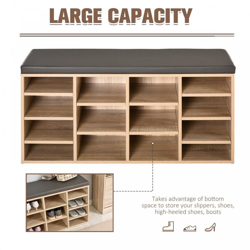 HOMCOM 14-Shelf Shoe Storage Unit, with Cushion Top - Wood-Effect