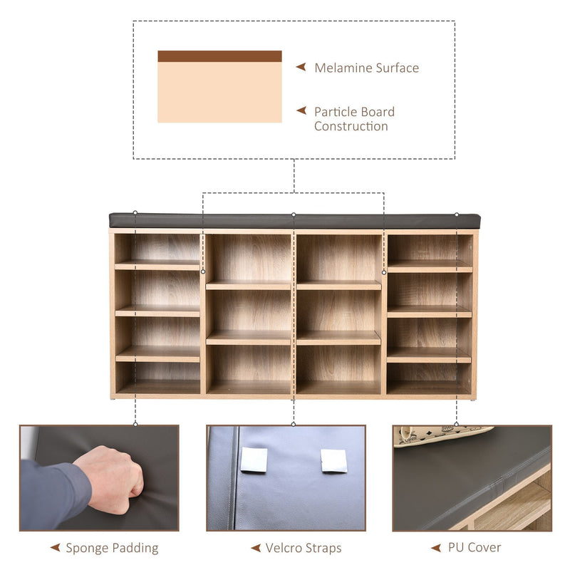 HOMCOM 14-Shelf Shoe Storage Unit, with Cushion Top - Wood-Effect