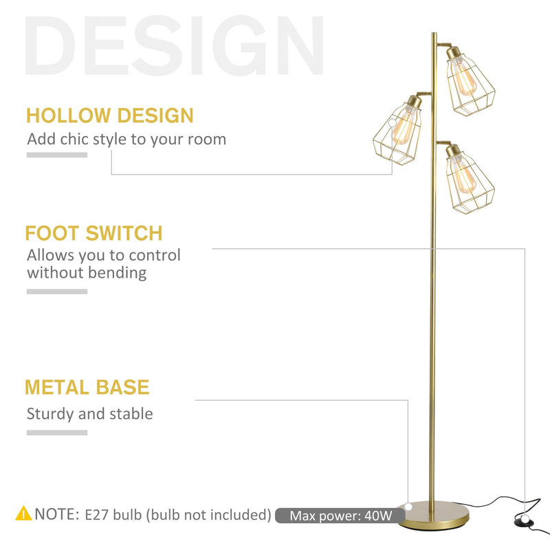 HOMCOM Steel Tri-Head Floor Lamp Gold