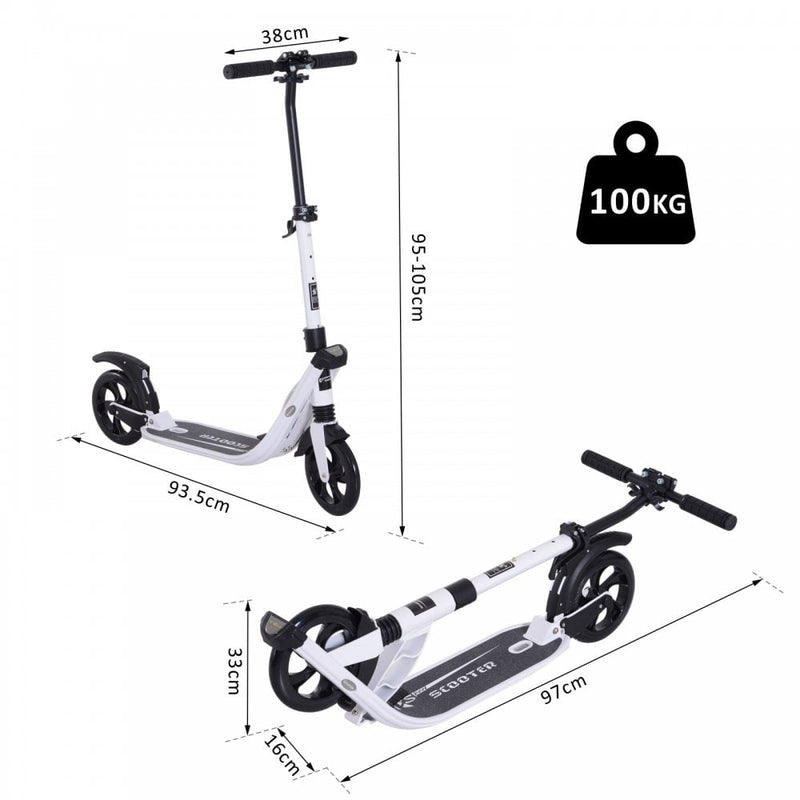 ALPINE SPIRIT Foldable Kick Scooter, Adjustable Height, 93.5L x 38W x 95-105Hcm-White