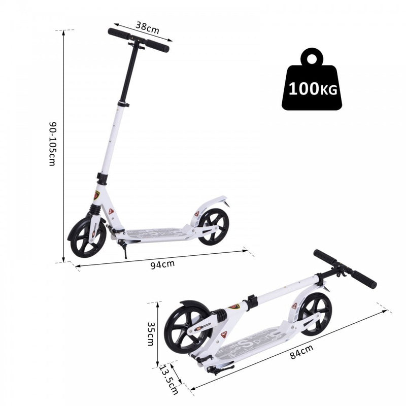 ALPINE SPIRIT Foldable Kick Scooter, Adjustable Height, 94L x 38W x 90-105Hcm-White