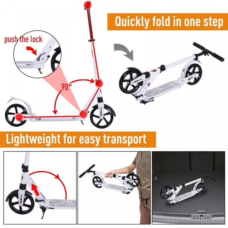 ALPINE SPIRIT Foldable Kick Scooter, Adjustable Height, 94L x 38W x 90-105Hcm-White