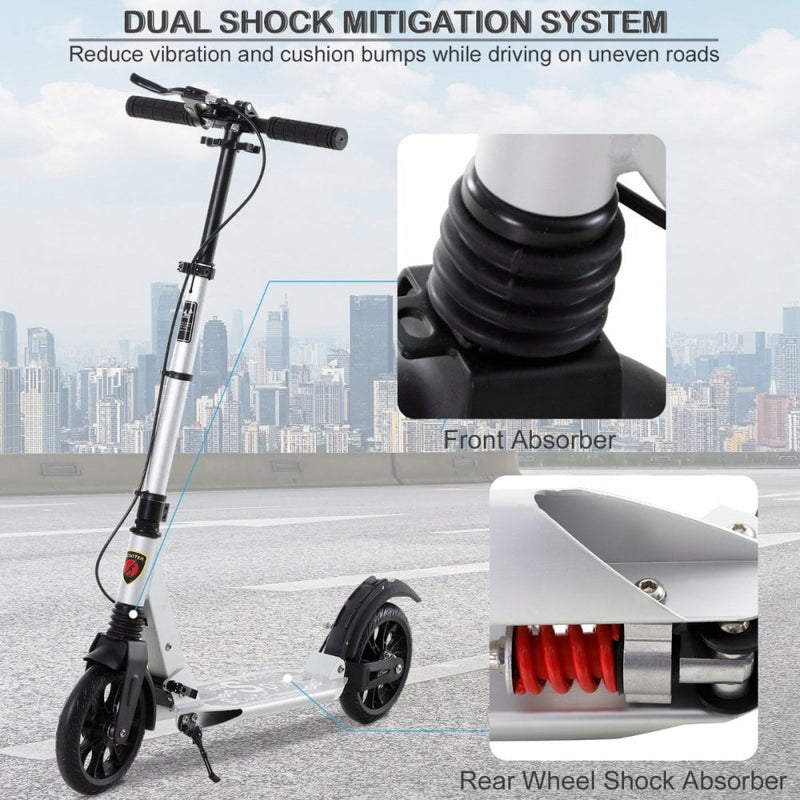 HOMCOM Teen/Adults Aluminium Folding Kick Scooter w/ Shock Mitigation System Silver