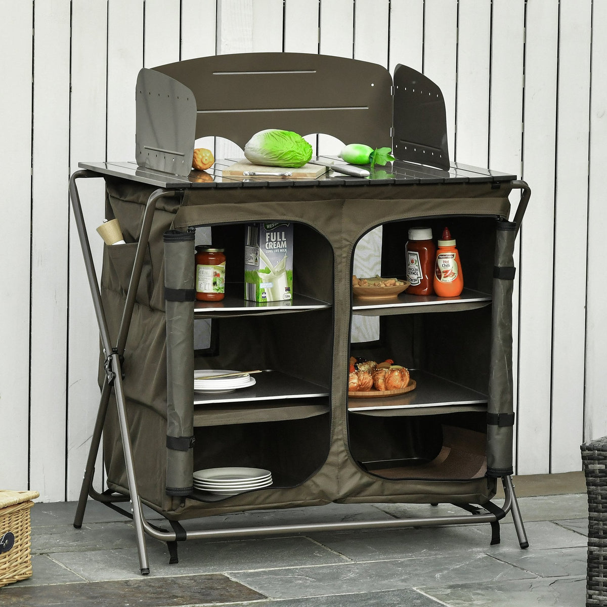 Outsunny Foldable Camping Kitchen Storage Unit with Windshield 6 She