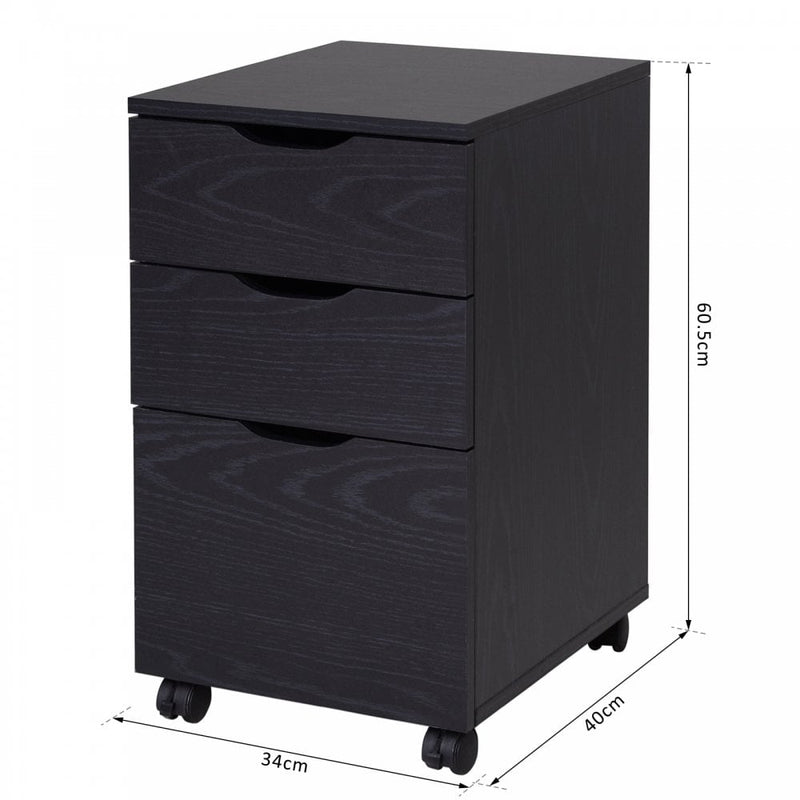 Particle Board 3-Drawer Home Office File Cabinet w/ Wheels Black Oak Tone