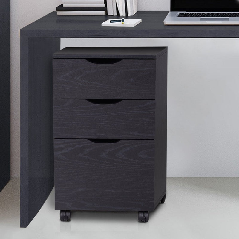 Particle Board 3-Drawer Home Office File Cabinet w/ Wheels Black Oak Tone