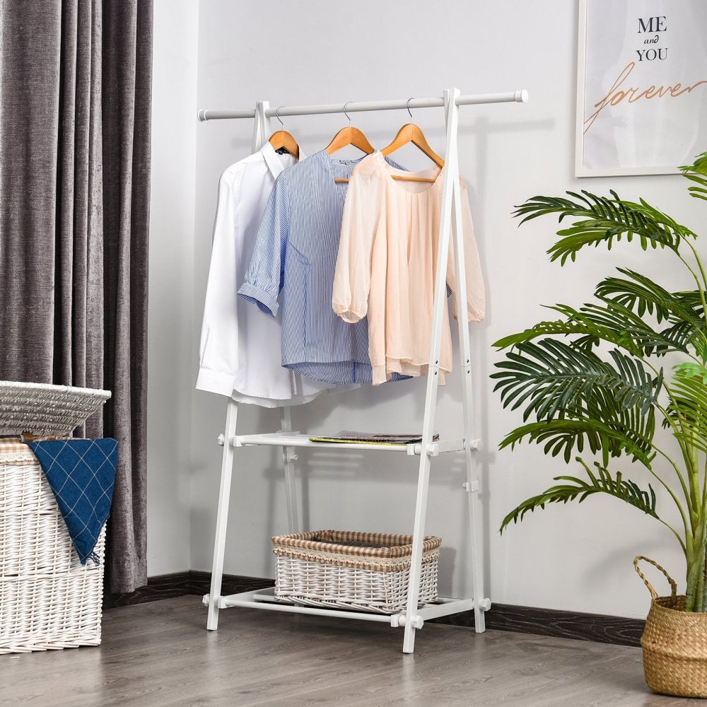 Steel Freestanding Clothes Rail w 2 Shelves White