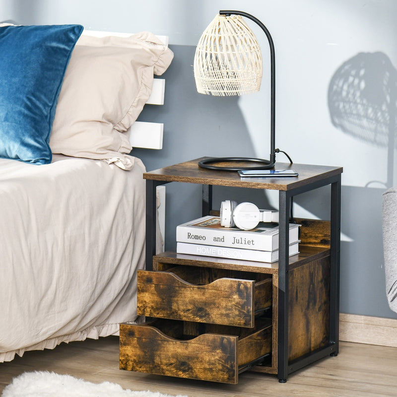 Industrial Side Table with Drawer, Sofa Table, Bedside Cabinet with Storage Shelf, Slim Nightstand for Living Room, Bedroom, Rustic Brown Desk