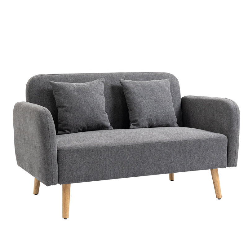 2-Seat Loveseat Sofa Chenille Fabric Upholstered Couch with Rubberwood Legs, Grey Wood