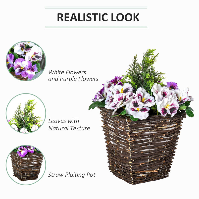 Outsunny 2 Pieces Artificial Phalaenopsis Decorative Plant with Straw Plaiting Pot, Fake Flower, 45cm, White Purple PCs Flower w/ Pot