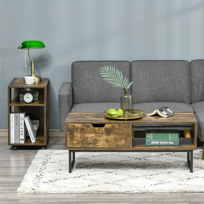 Industrial Coffee table Wooden End Table with Shortage Shelf and Drawer Modern Sofa Table for Living Room, Office, Reception Room Wooden Tabletop Metal Frame, Rustic Brown 106W x 48D x 43H cm Wood Finish