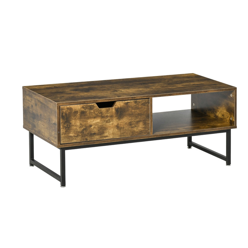 Industrial Coffee table Wooden End Table with Shortage Shelf and Drawer Modern Sofa Table for Living Room, Office, Reception Room Wooden Tabletop Metal Frame, Rustic Brown 106W x 48D x 43H cm Wood Finish