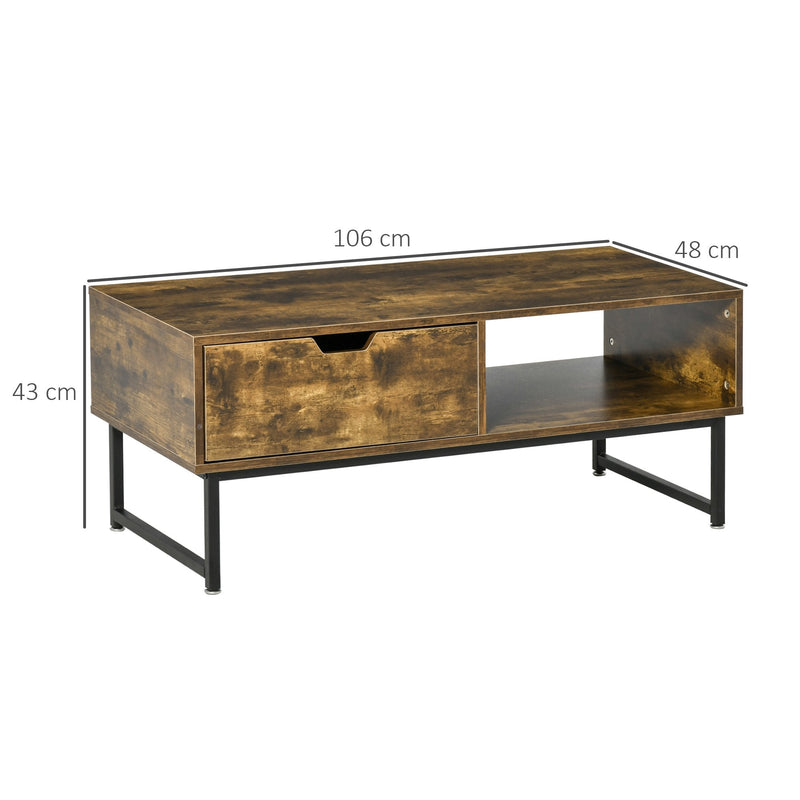 Industrial Coffee table Wooden End Table with Shortage Shelf and Drawer Modern Sofa Table for Living Room, Office, Reception Room Wooden Tabletop Metal Frame, Rustic Brown 106W x 48D x 43H cm Wood Finish