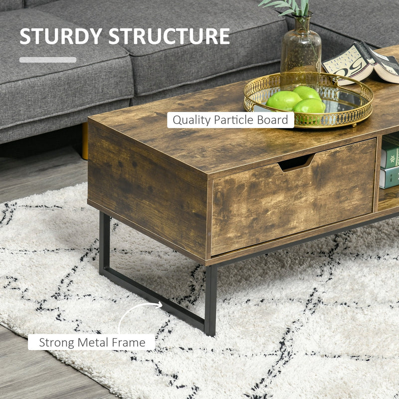 Industrial Coffee table Wooden End Table with Shortage Shelf and Drawer Modern Sofa Table for Living Room, Office, Reception Room Wooden Tabletop Metal Frame, Rustic Brown 106W x 48D x 43H cm Wood Finish