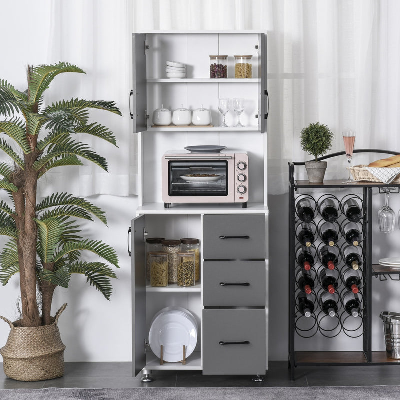 Modern Kitchen Buffet with Hutch Pantry Storage,2 Cabinets, 3 Drawers and Open Countertop, Grey Microwave, 60L x 40W x 150H cm, Grey and Whit