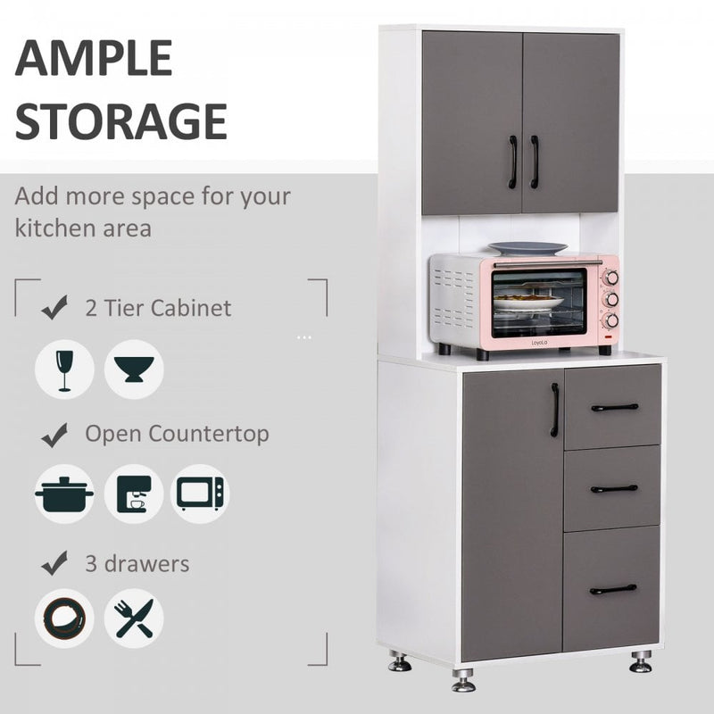 Modern Kitchen Buffet with Hutch Pantry Storage,2 Cabinets, 3 Drawers and Open Countertop, Grey Microwave, 60L x 40W x 150H cm, Grey and Whit