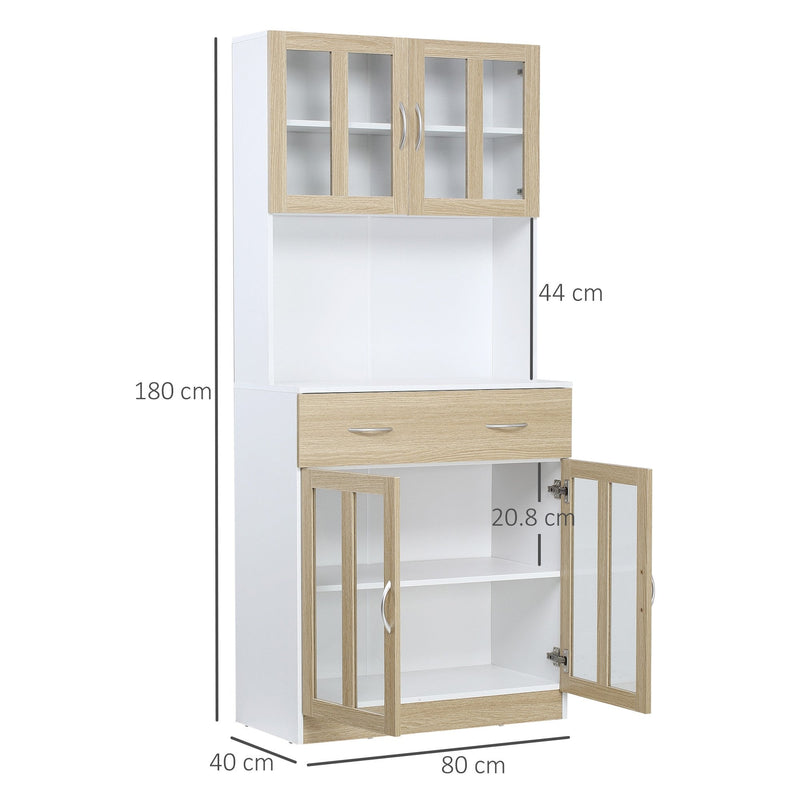 HOMCOM Modern Kitchen Cupboard, Freestanding Storage Cabinet Hutch with Central Drawer, 2 Glass Door Cabinets and Countertop,180cm