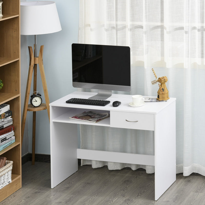 Modern Computer Work Desk Table Study w/ Shelf Drawer Standing Writing Station Display Stylish Storage Compact White