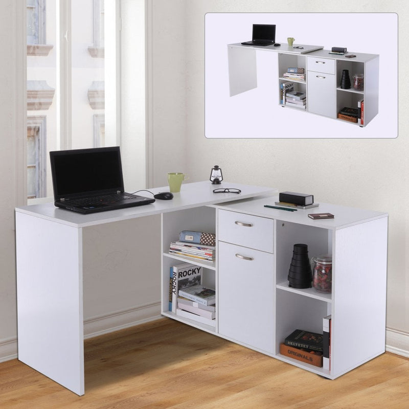 Dual-Use Adjustable L-Shaped Computer Desk Laptop Workstation Corner PC Table Home Office Functional Spacious Modern Stylish-White