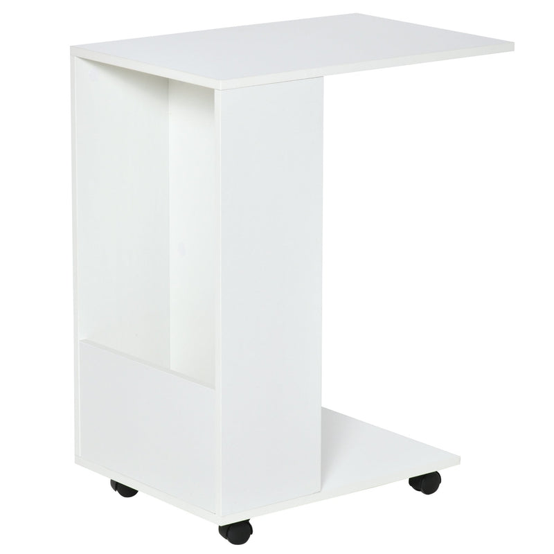 Mobile Sofa Side Table C-Shape End Table with Storage and Casters for Laptop Coffee Snack, White w/ Casters