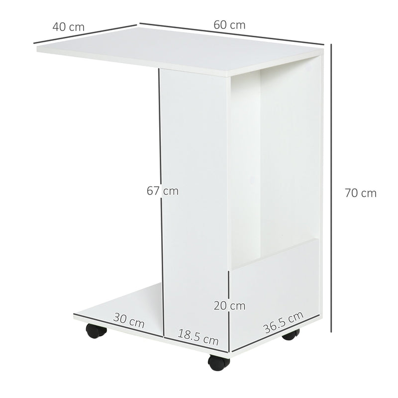 Mobile Sofa Side Table C-Shape End Table with Storage and Casters for Laptop Coffee Snack, White w/ Casters