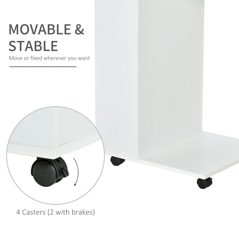 Mobile Sofa Side Table C-Shape End Table with Storage and Casters for Laptop Coffee Snack, White w/ Casters