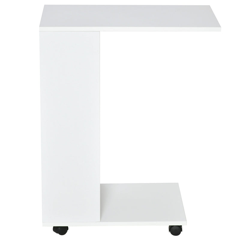 Mobile Sofa Side Table C-Shape End Table with Storage and Casters for Laptop Coffee Snack, White w/ Casters