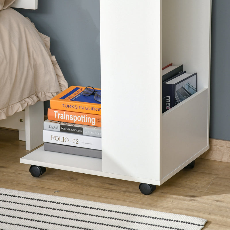 Mobile Sofa Side Table C-Shape End Table with Storage and Casters for Laptop Coffee Snack, White w/ Casters