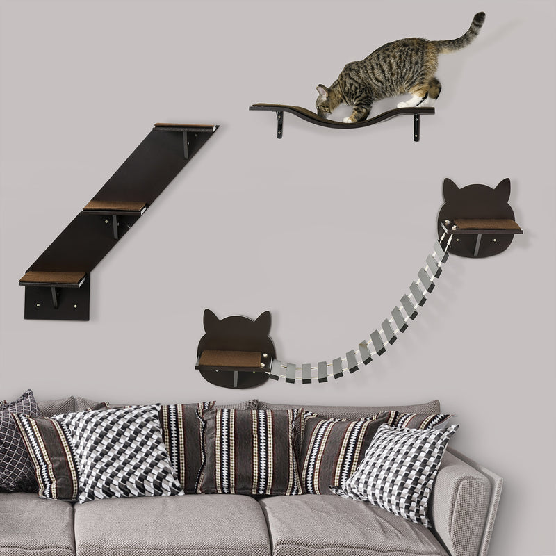 PawHut 3 PCs Wall Mounted Cat Tree Cat Shelves Climbing Shelf Set - Brown