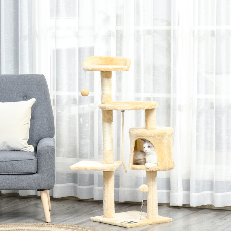 PawHut Cat Tree Activity Centre Scratching Post With Toys 4-tier Beige 114cm