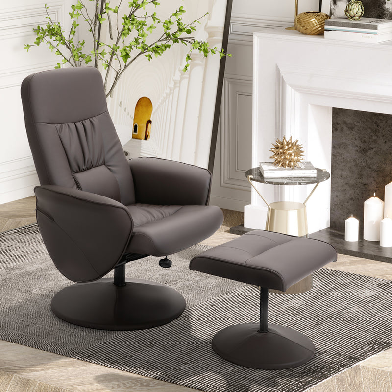 HOMCOM PU Leather 2 Pcs Reclining Armchair w/ Ottoman 360° Swivel Brown