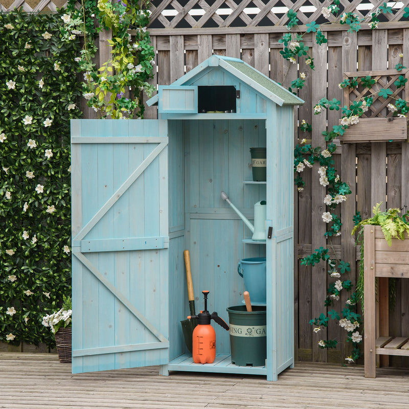 Outsunny Wooden Garden Storage Shed Tool Storage Box, 77 x 54 x 179 cm, Blue