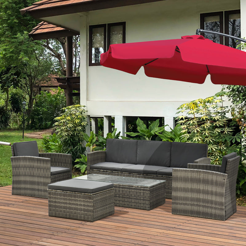 Outsunny 5 PCs Rattan Cushion 3-Seater Single Sofa Stool Glass Coffee Table