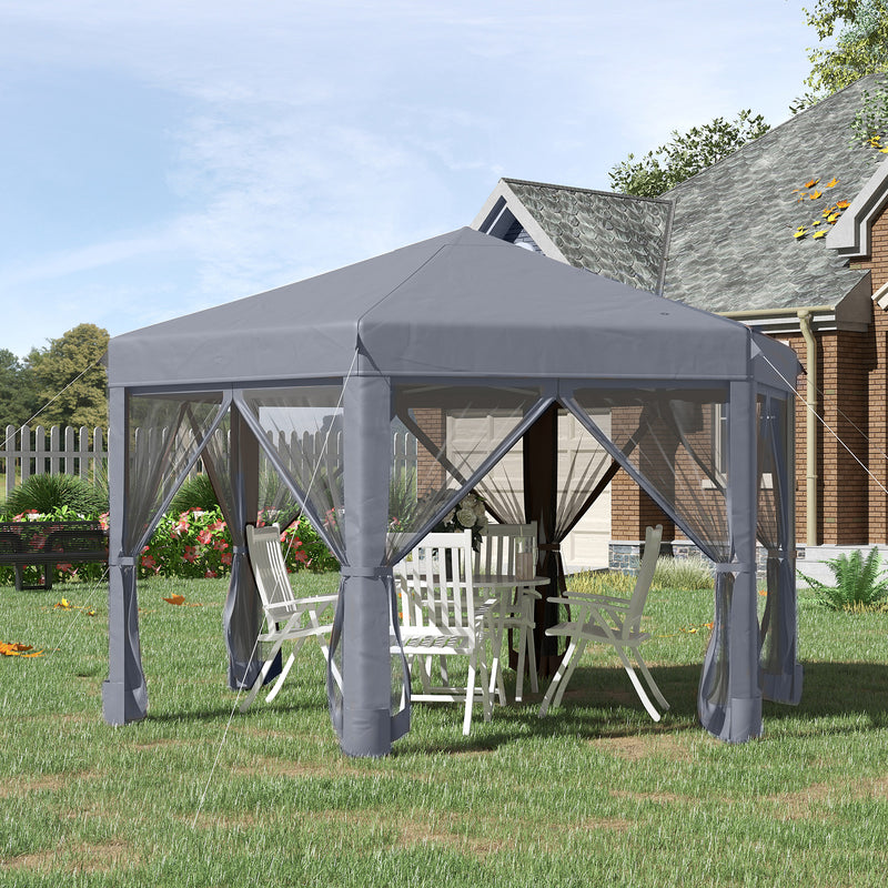 Outsunny 3.2m Pop Up Gazebo Hexagonal Canopy Tent Outdoor w/Sidewalls Grey