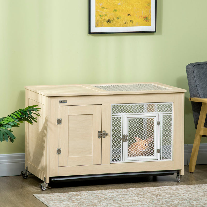 PawHut Rabbit Hutch with Wheels, Openable Roof, Removable Tray - Oak Tone